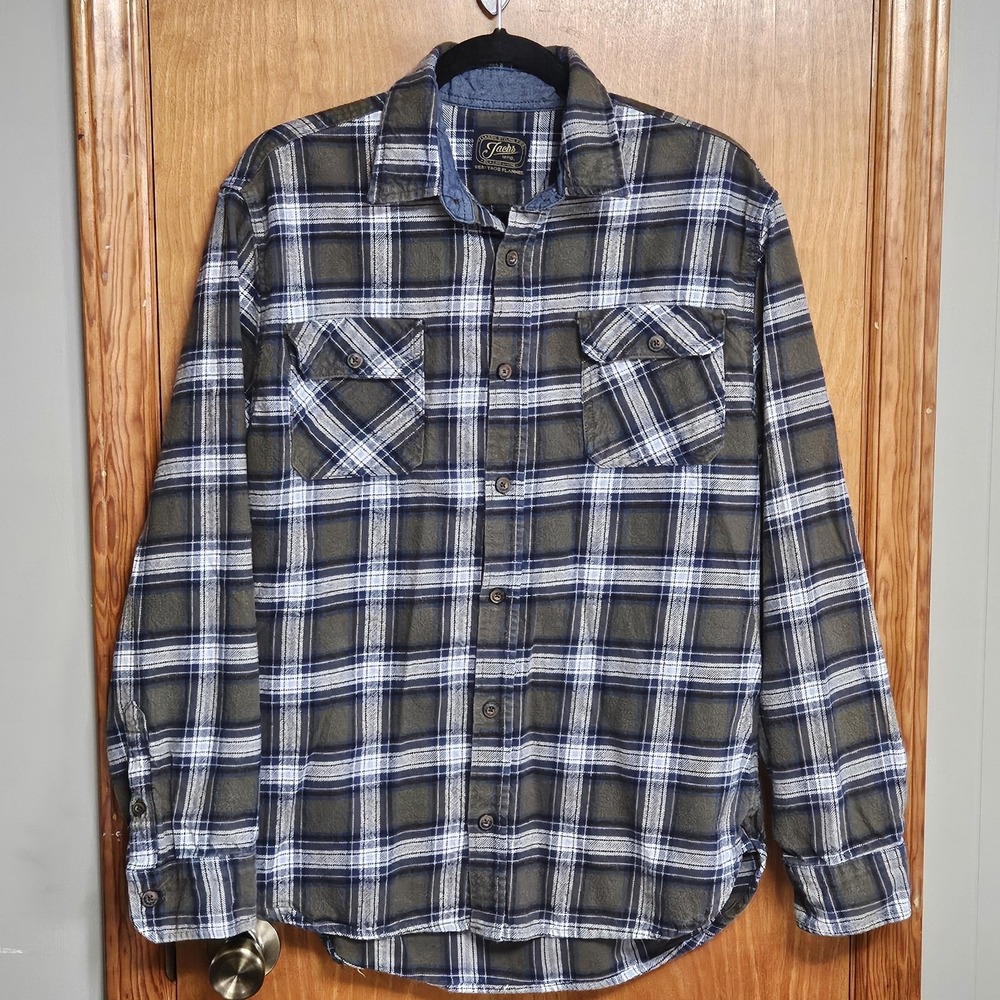 Jack's MFG‎ Heritage Flannel Large Button Up Mens Green/Blue Plaid 100% Cotton